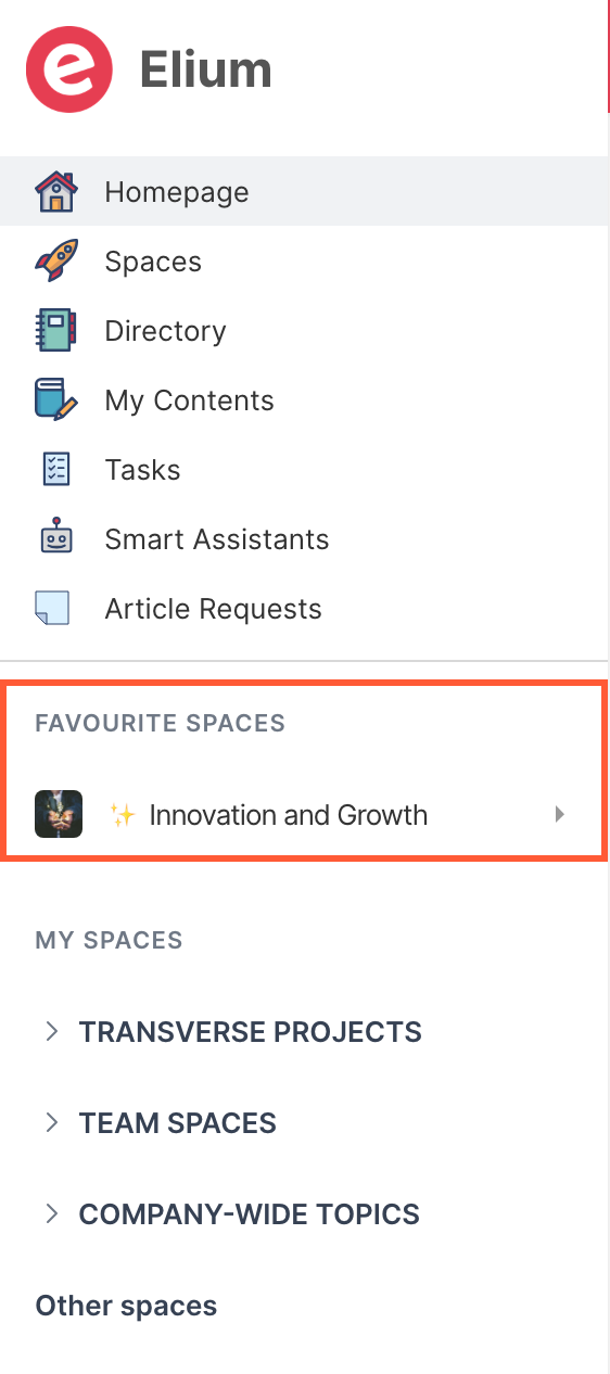 The sidebar, with the Favourite spaces section
