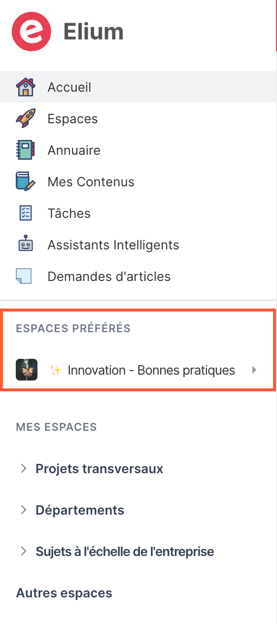 La barre latérale, avec la section Espaces préférés