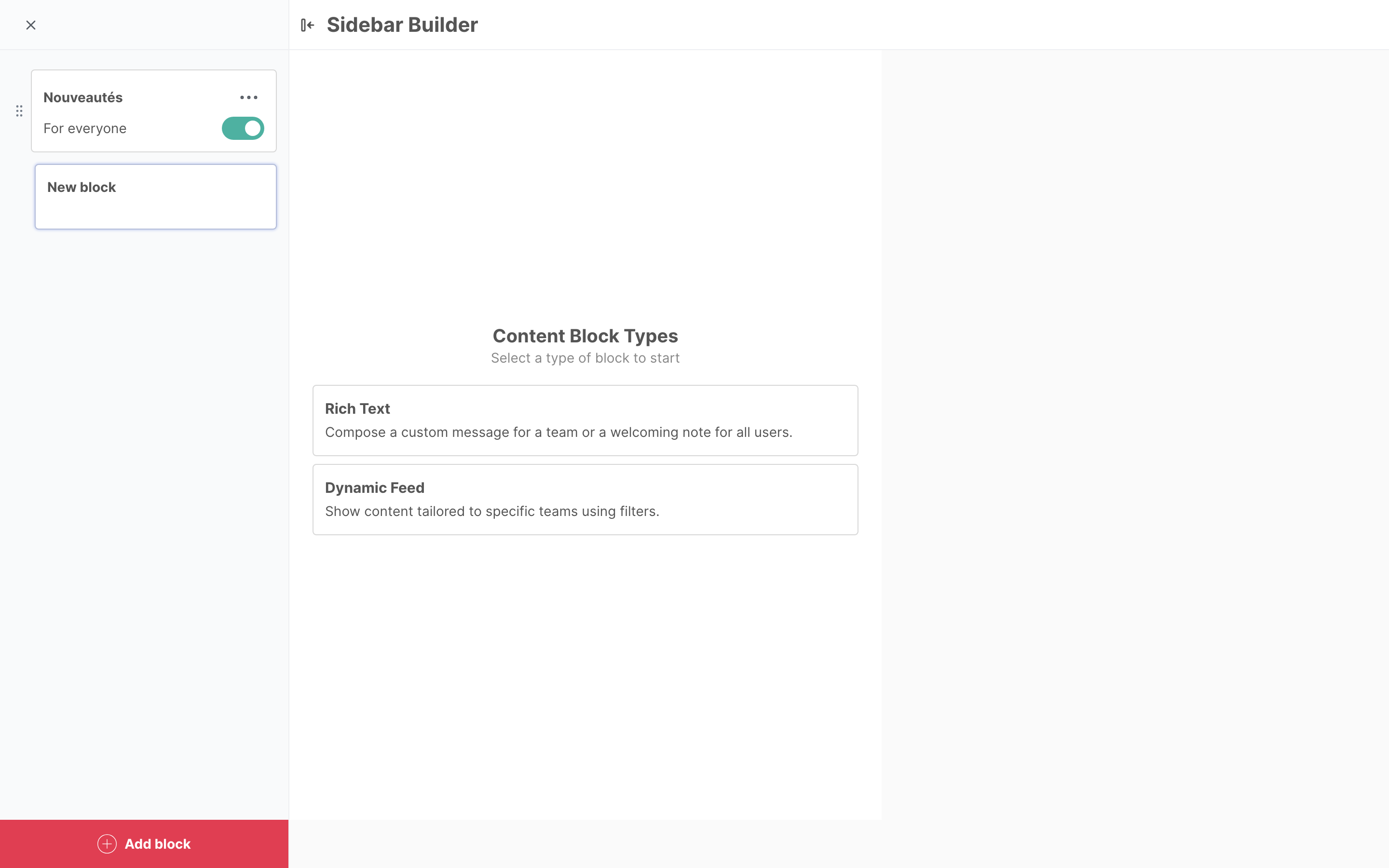 The Sidebar Builder, with the two types of blocks