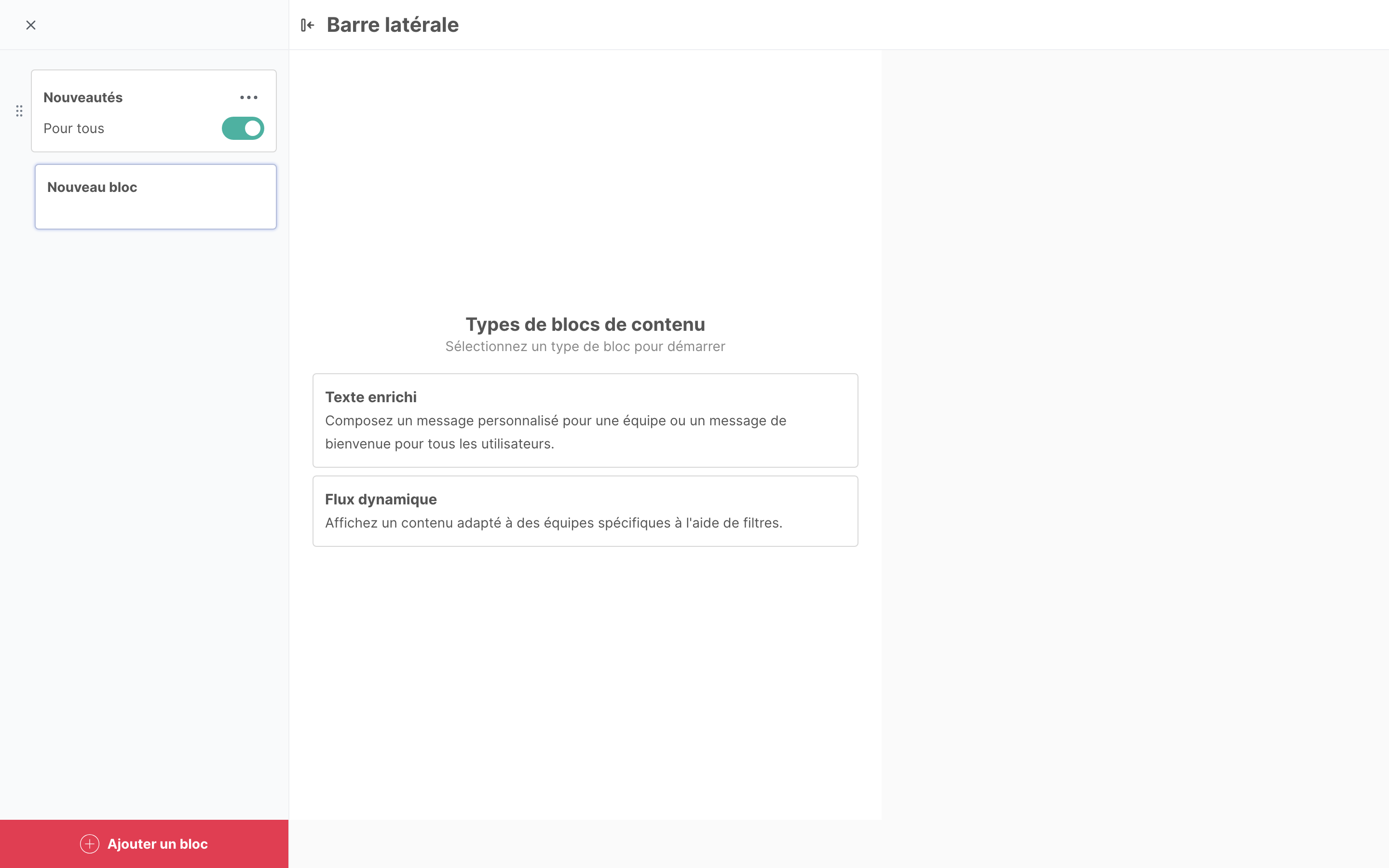 L’éditeur de la barre latérale, avec les deux types de blocs