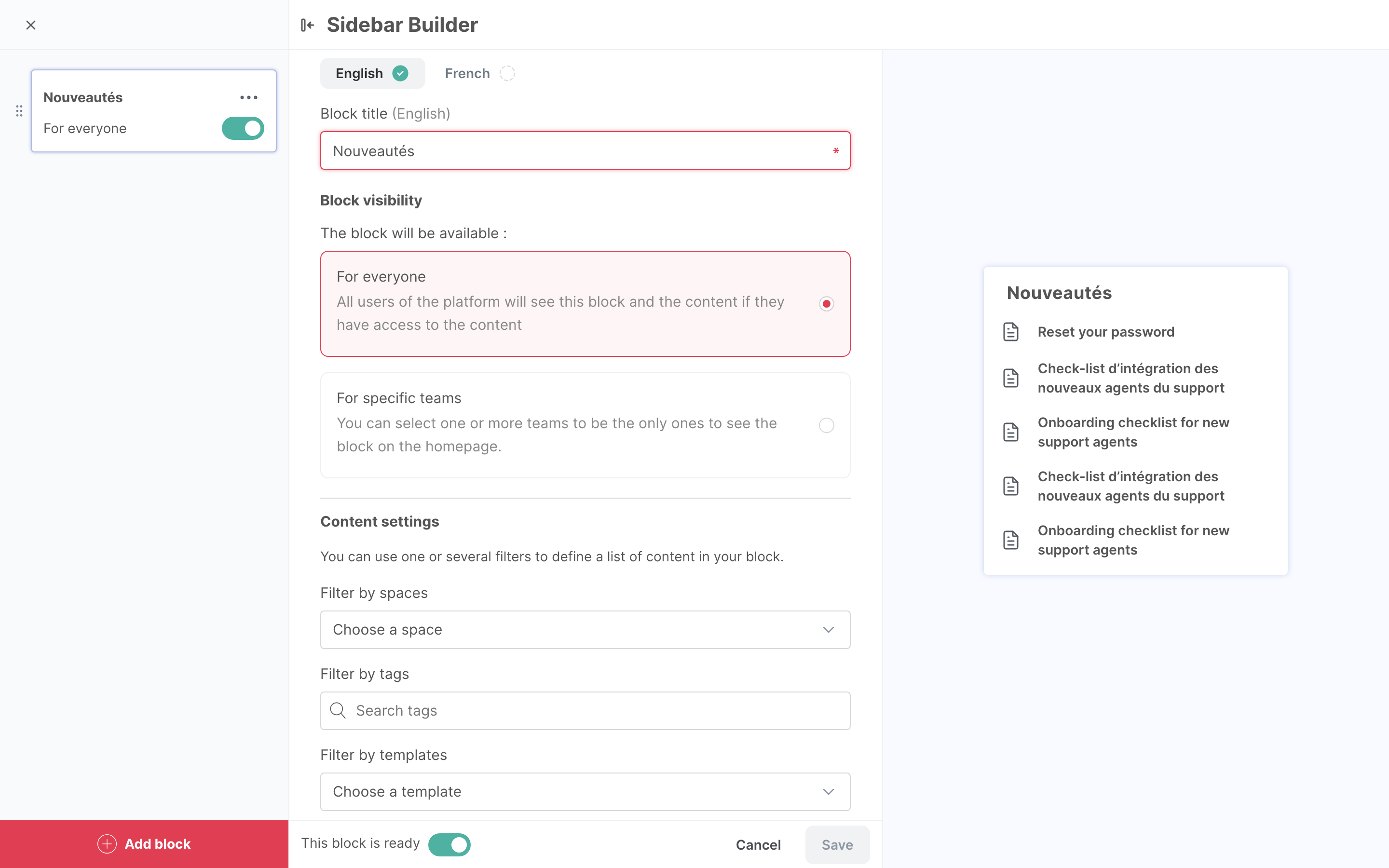 The settings of a dynamic feed, with its preview on the right