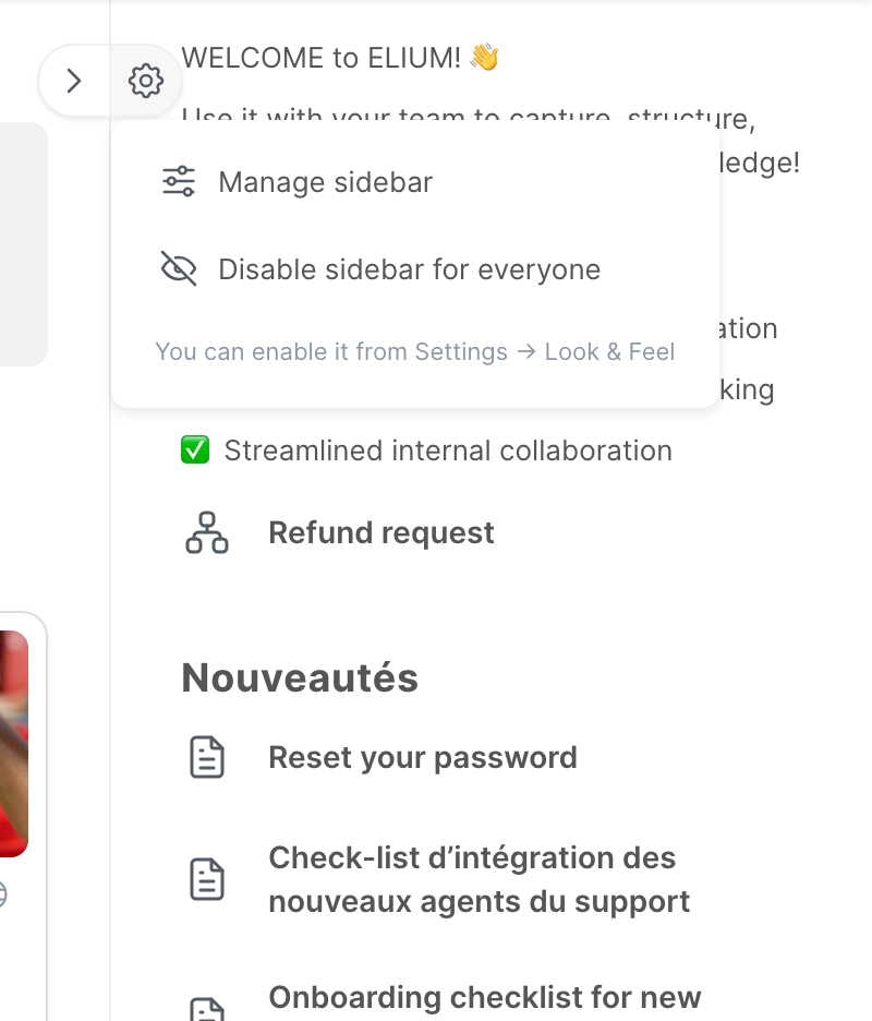 The settings menu of the right sidebar