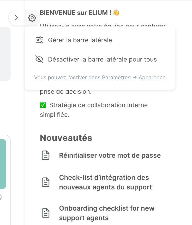 Le menu des réglages de la barre latérale droite