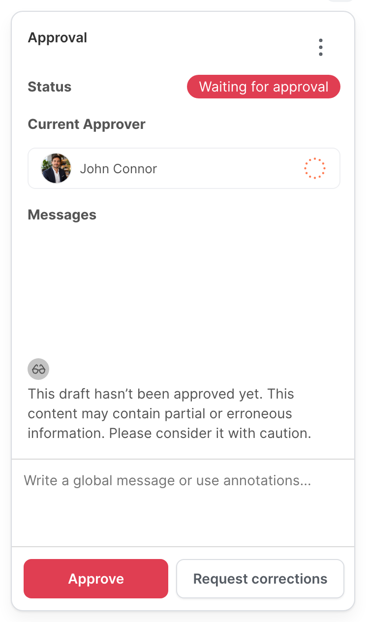 The Approval panel, with the Approve and Request corrections buttons