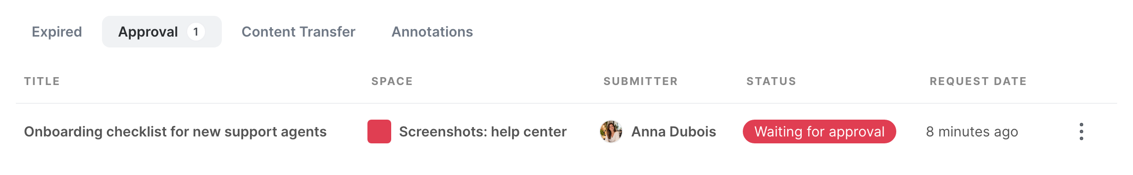 The Approval tab of Tasks, with a request waiting for approval