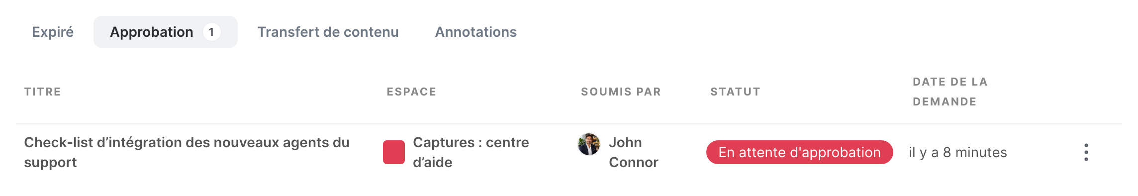 L’onglet Approbation des tâches, avec une demande en attente d’approbation