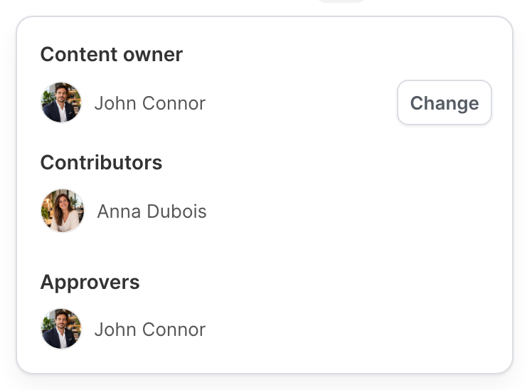 The Content owner panel, with the contributors and the approvers