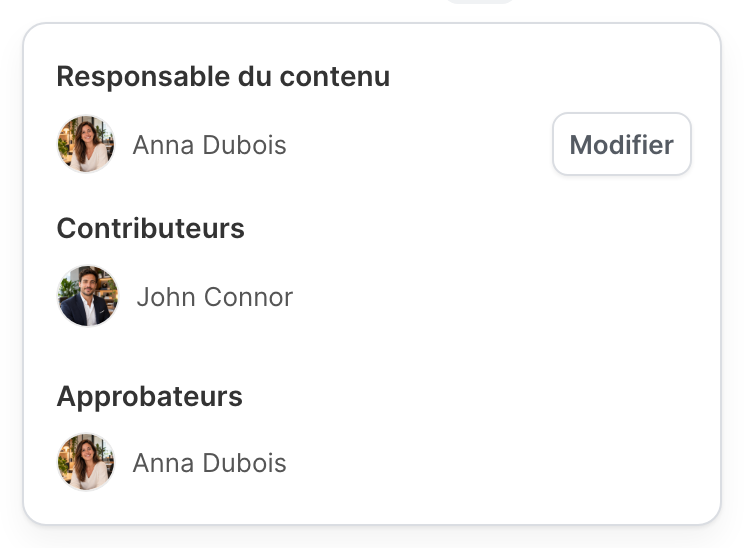 Le panneau Responsable du contenu, avec les contributeurs et les approbateurs