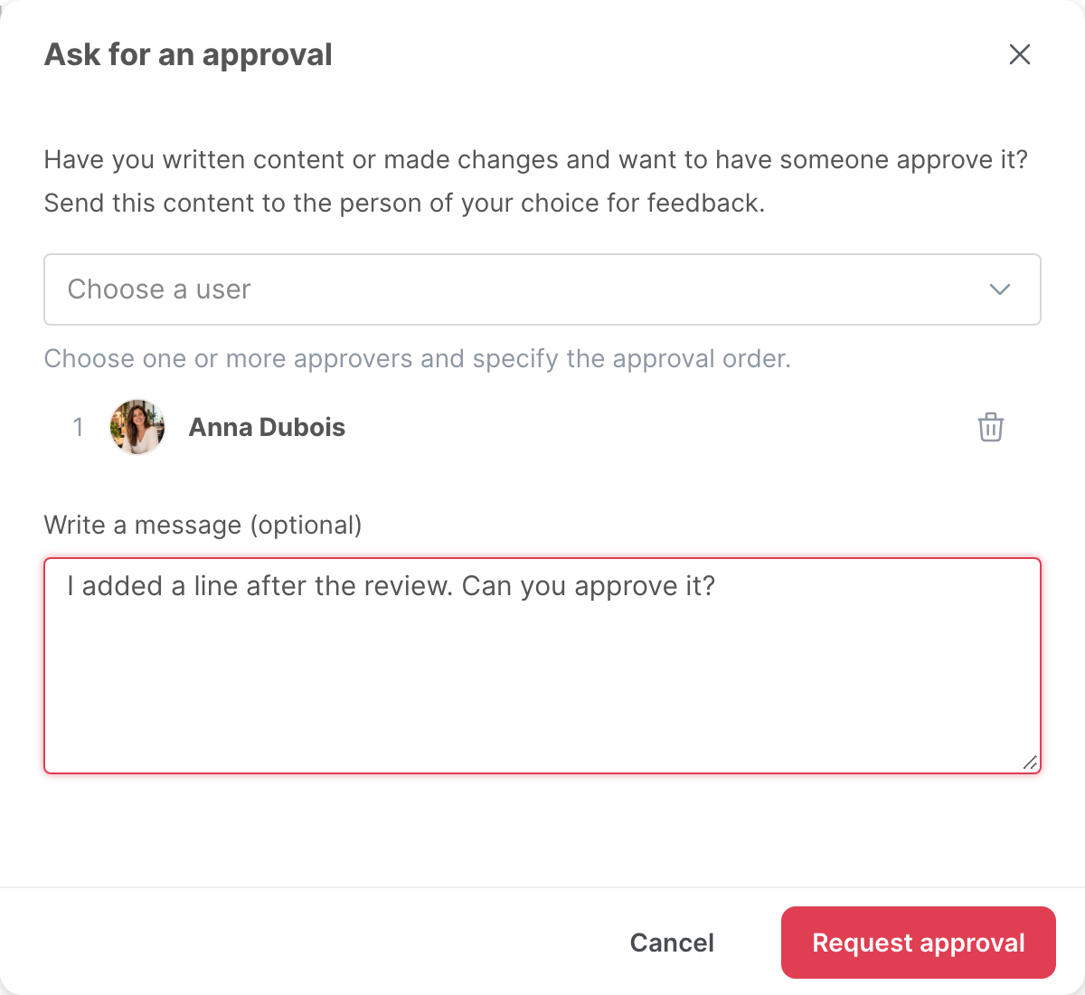 The Ask for an approval window, with one approver and a message