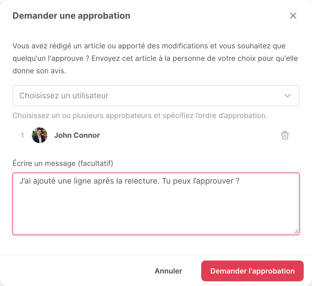 La fenêtre de demande d’approbation, avec un approbateur et un message