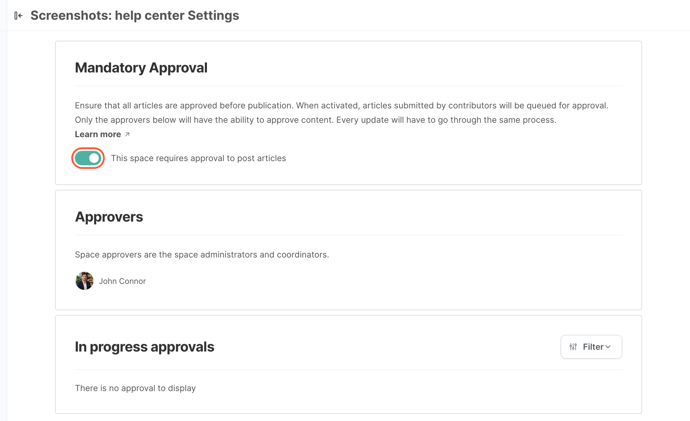 The Approval settings of a space, with the Approvers and In progress approvals sections