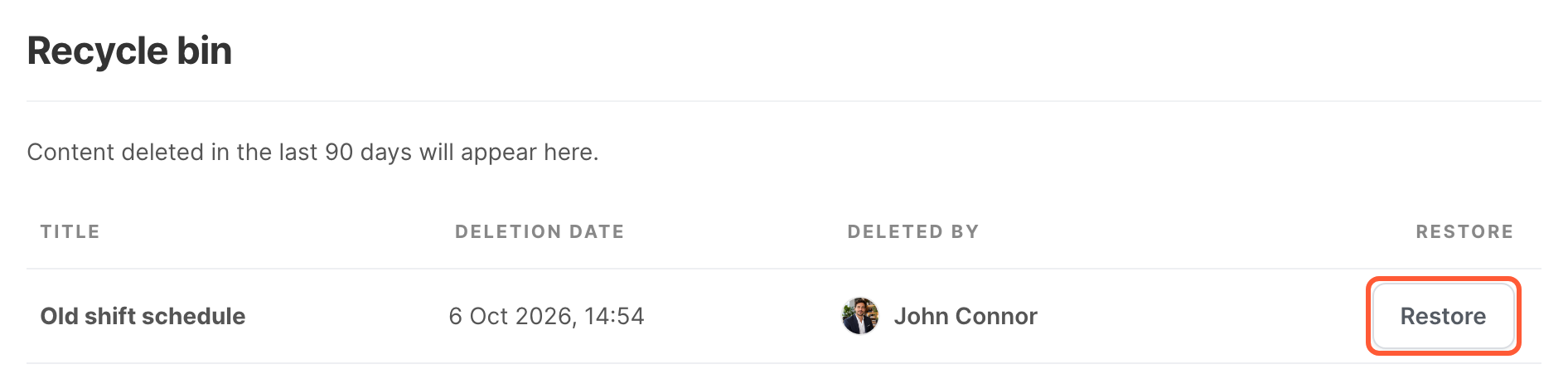 The recycle bin of a space, with a deleted article and its Restore button