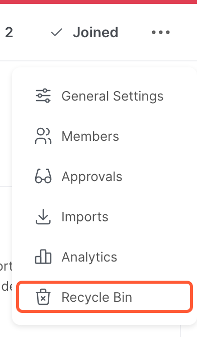 The menu of a space, with the Recycle Bin option