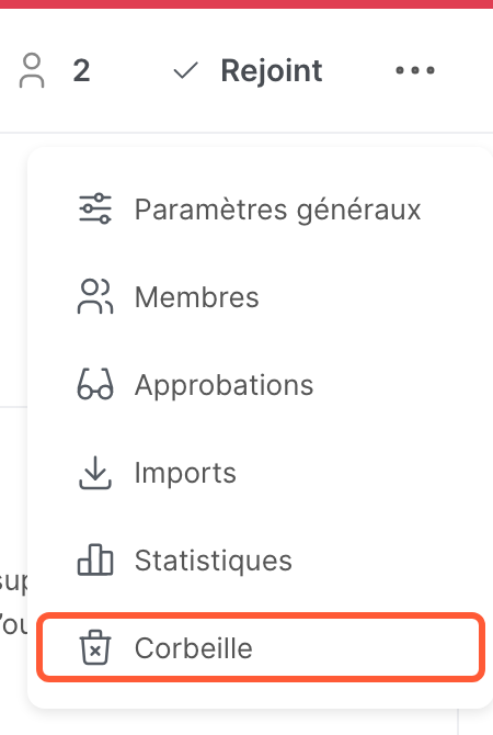 Le menu d’un espace, avec l’option Corbeille