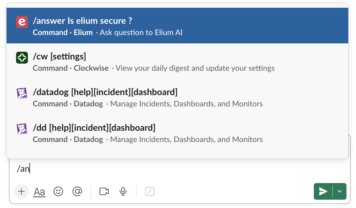 The Slack message box, where "/an" is typed and the /answer command is first in the suggested commands
