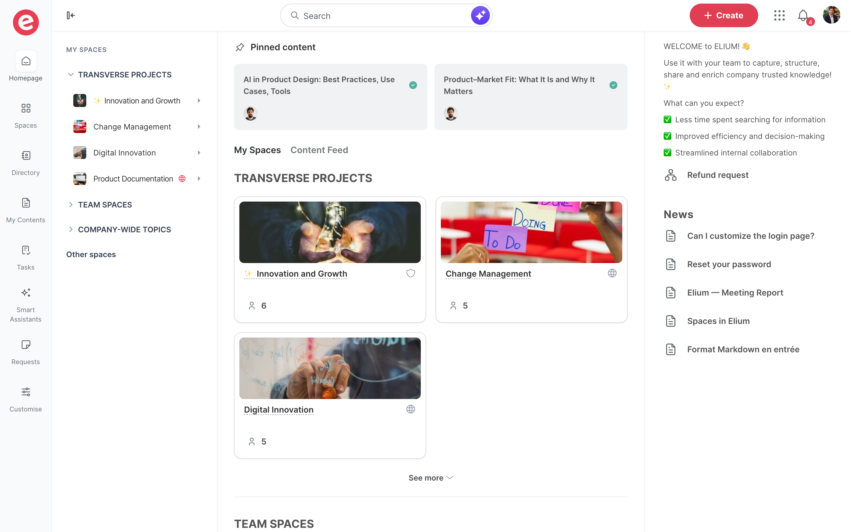 The new layout on the homepage, with the navigation bar on the left and the list of spaces next to it