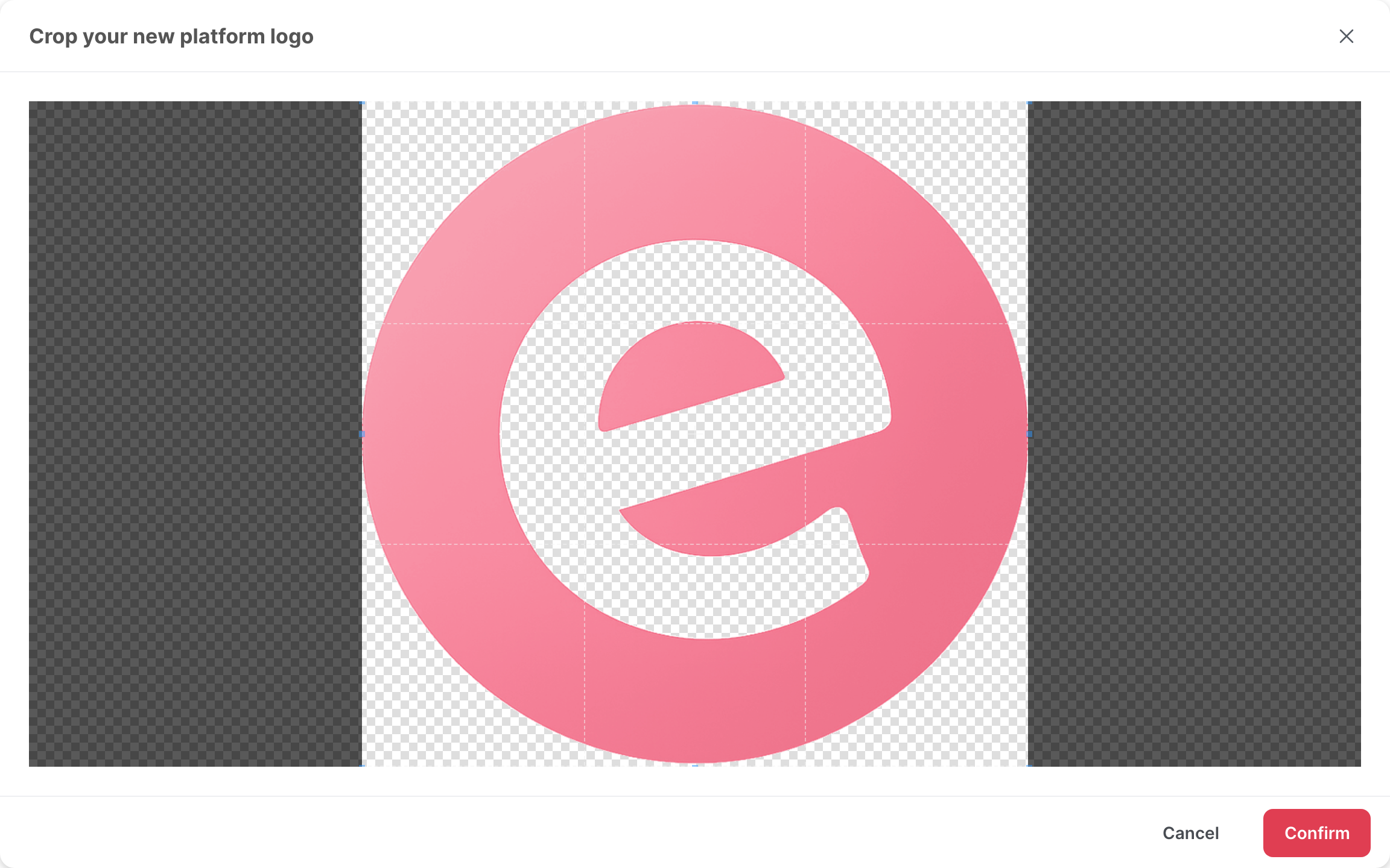 The Crop your new platform logo window, with a square logo and the Confirm button