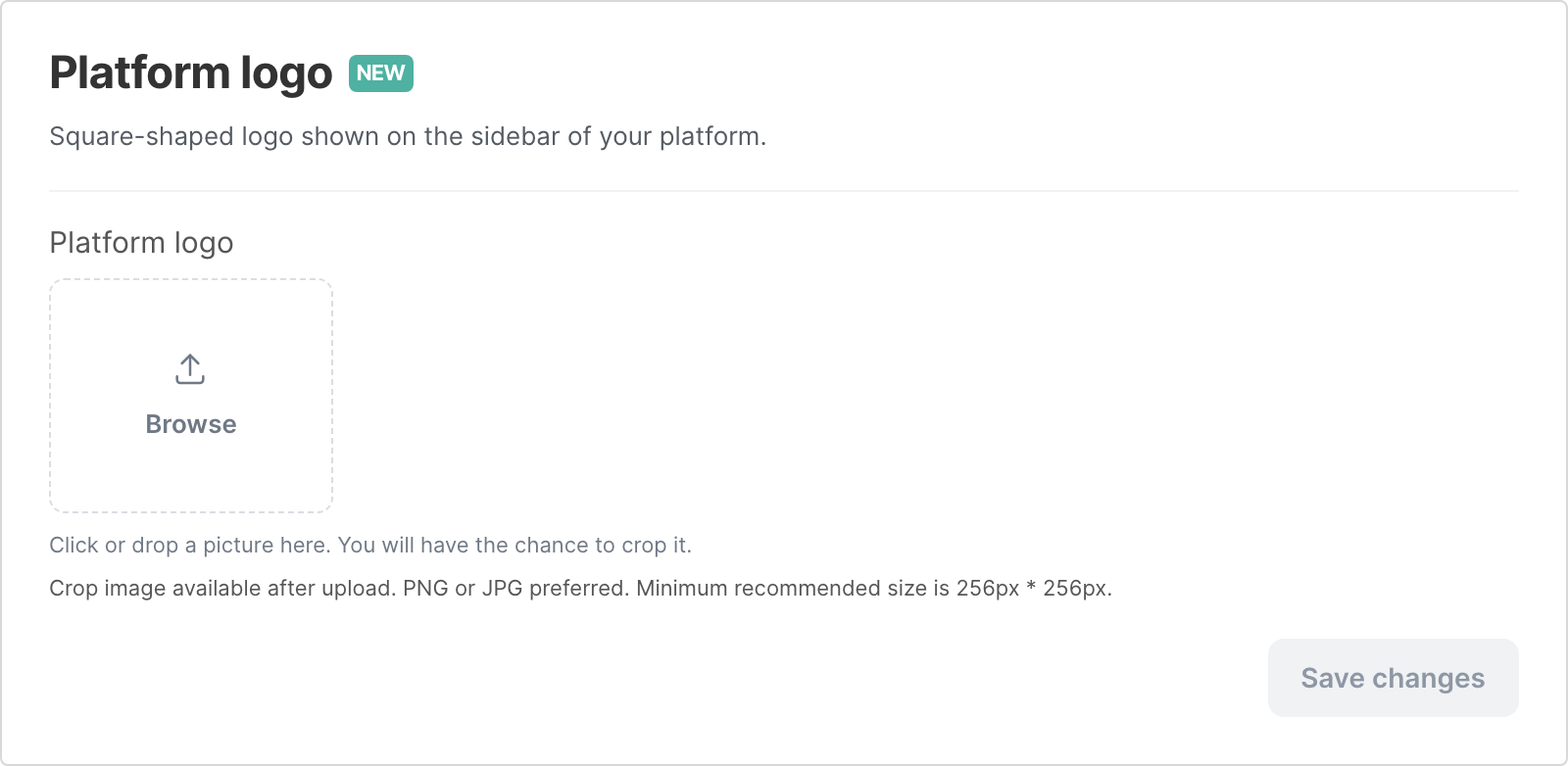 The Platform logo card of the Look and feel settings, with the Browse area and the Save changes button
