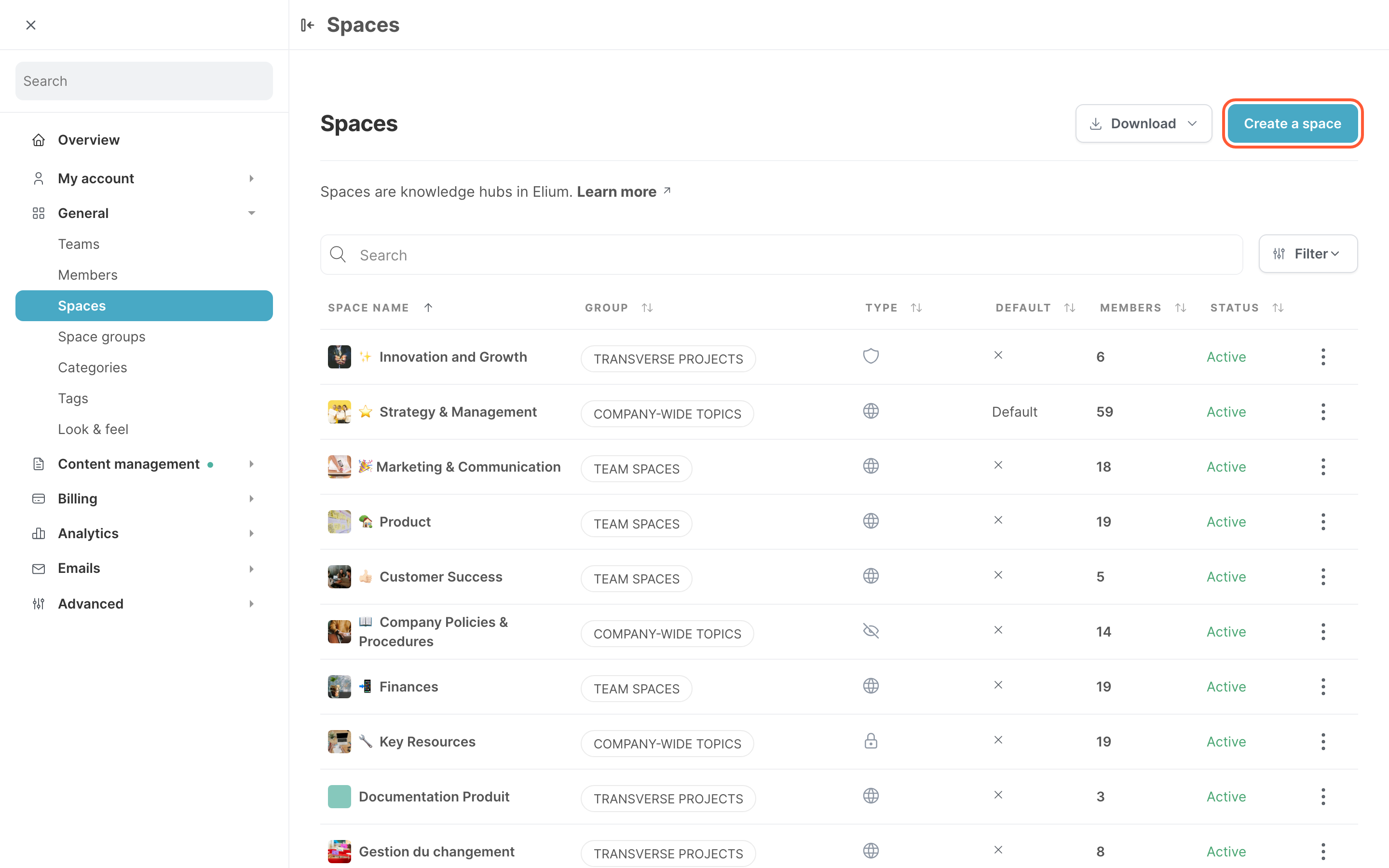 The Spaces page in Settings, with the Create a space button