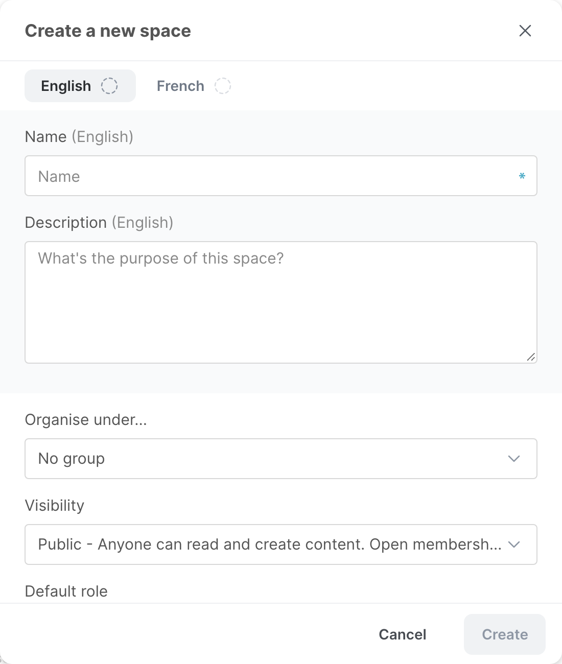 The Create a new space window, with the name, description, group and visibility fields