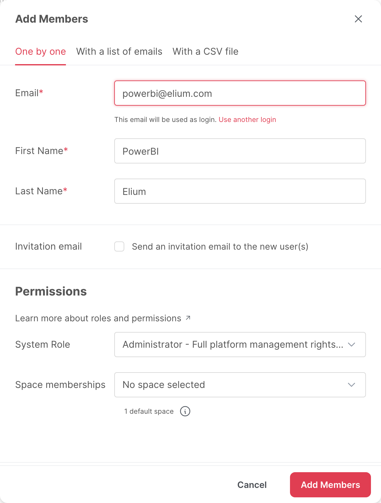 The Add Members window, filled in for a dedicated PowerBI account with the Administrator role