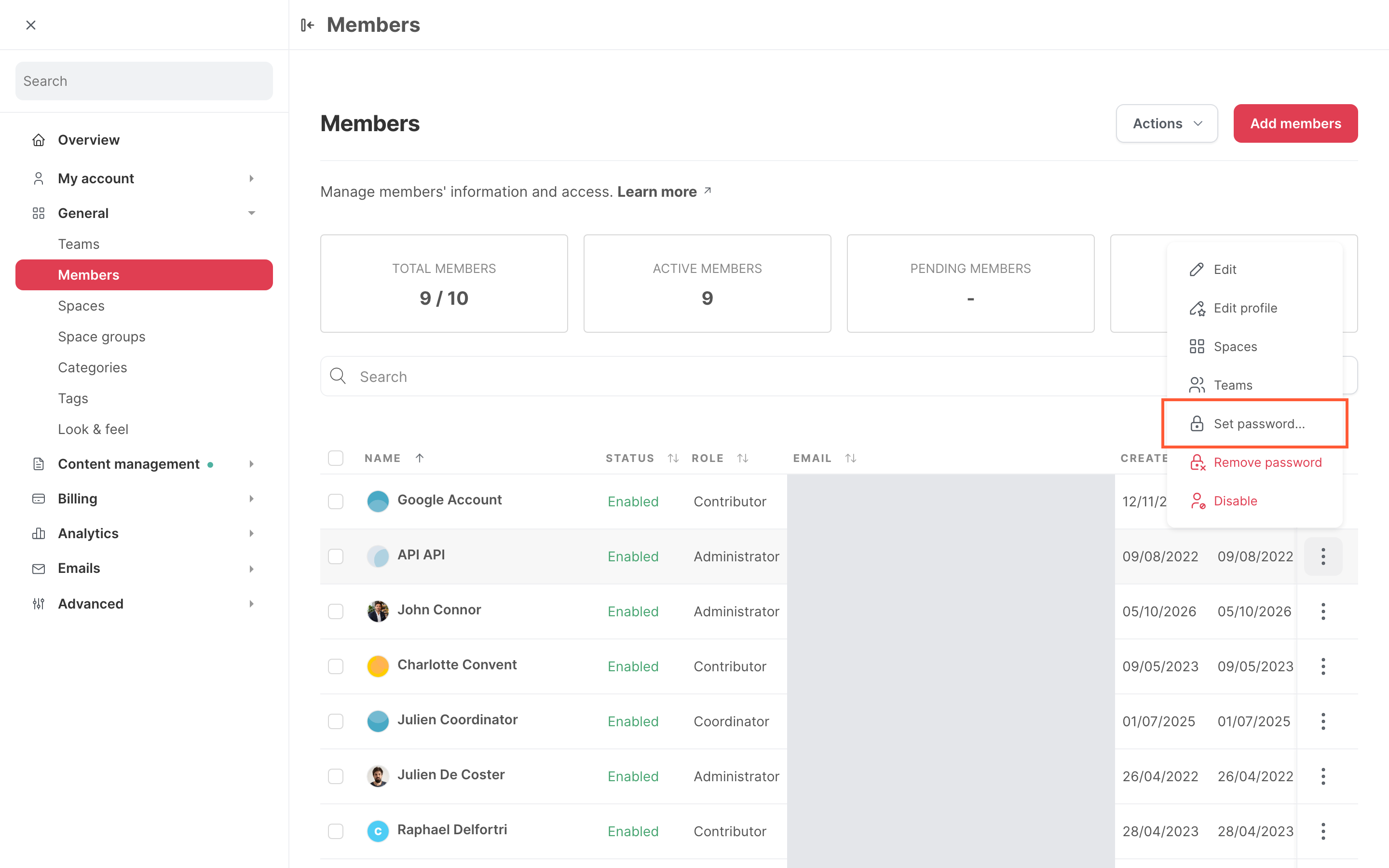 The menu of a member in the Members page, with the Set password option