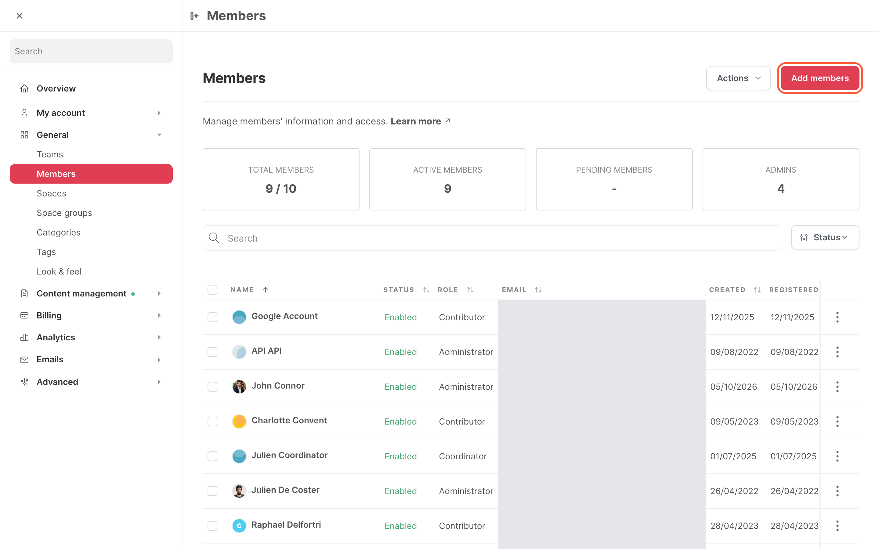 The Members page in Settings, with the Add members button