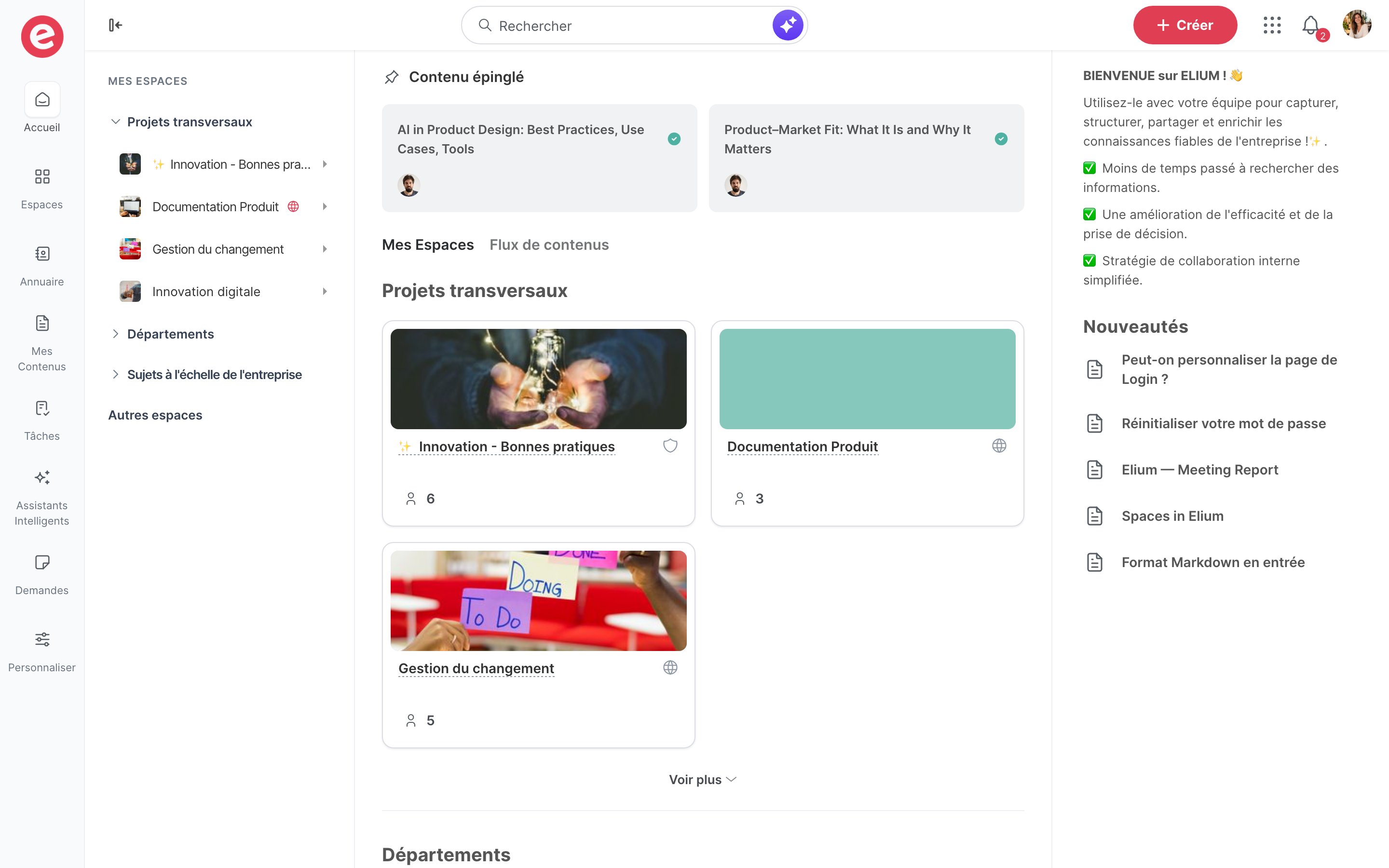 La nouvelle interface sur la page d’accueil, avec la barre de navigation à gauche et la liste des espaces à côté