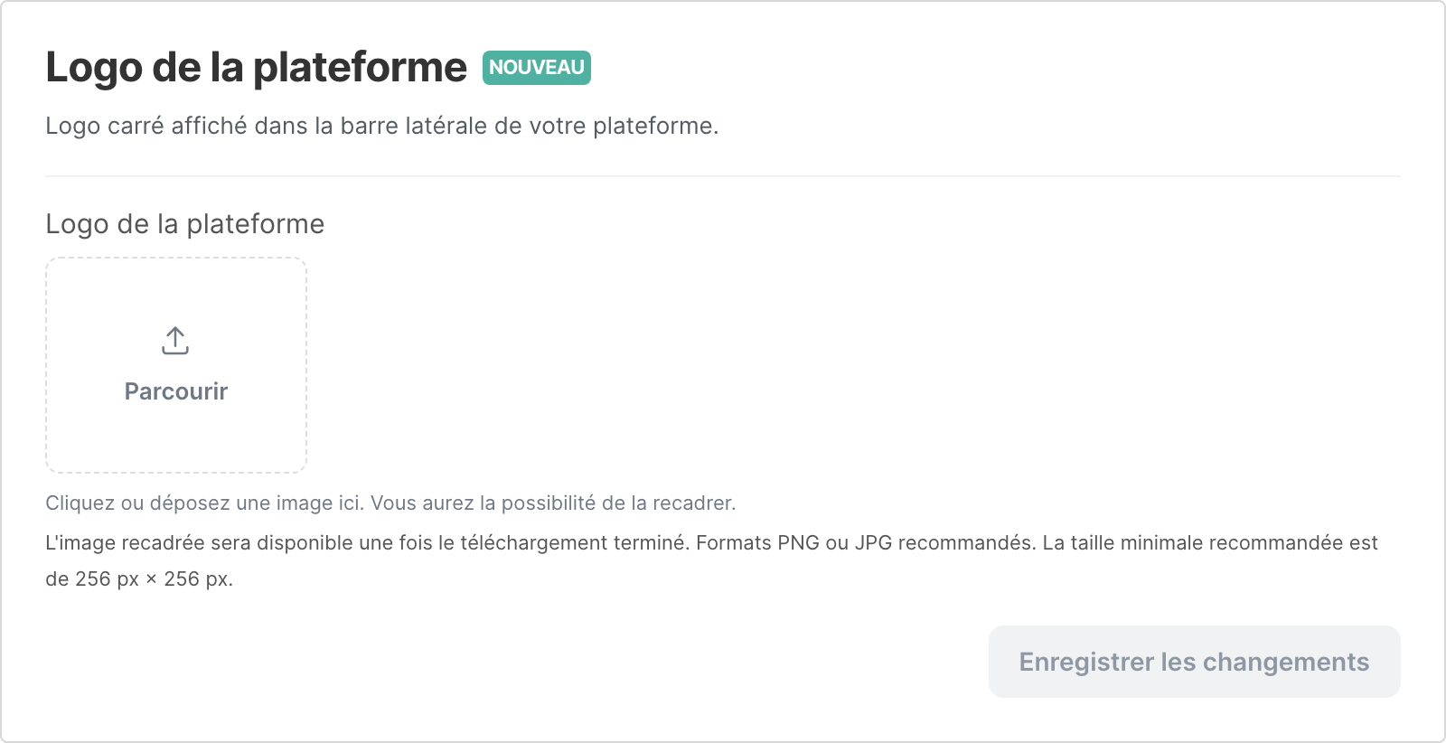 La carte Logo de la plateforme des paramètres Apparence et couleurs, avec la zone Parcourir et le bouton Enregistrer les changements