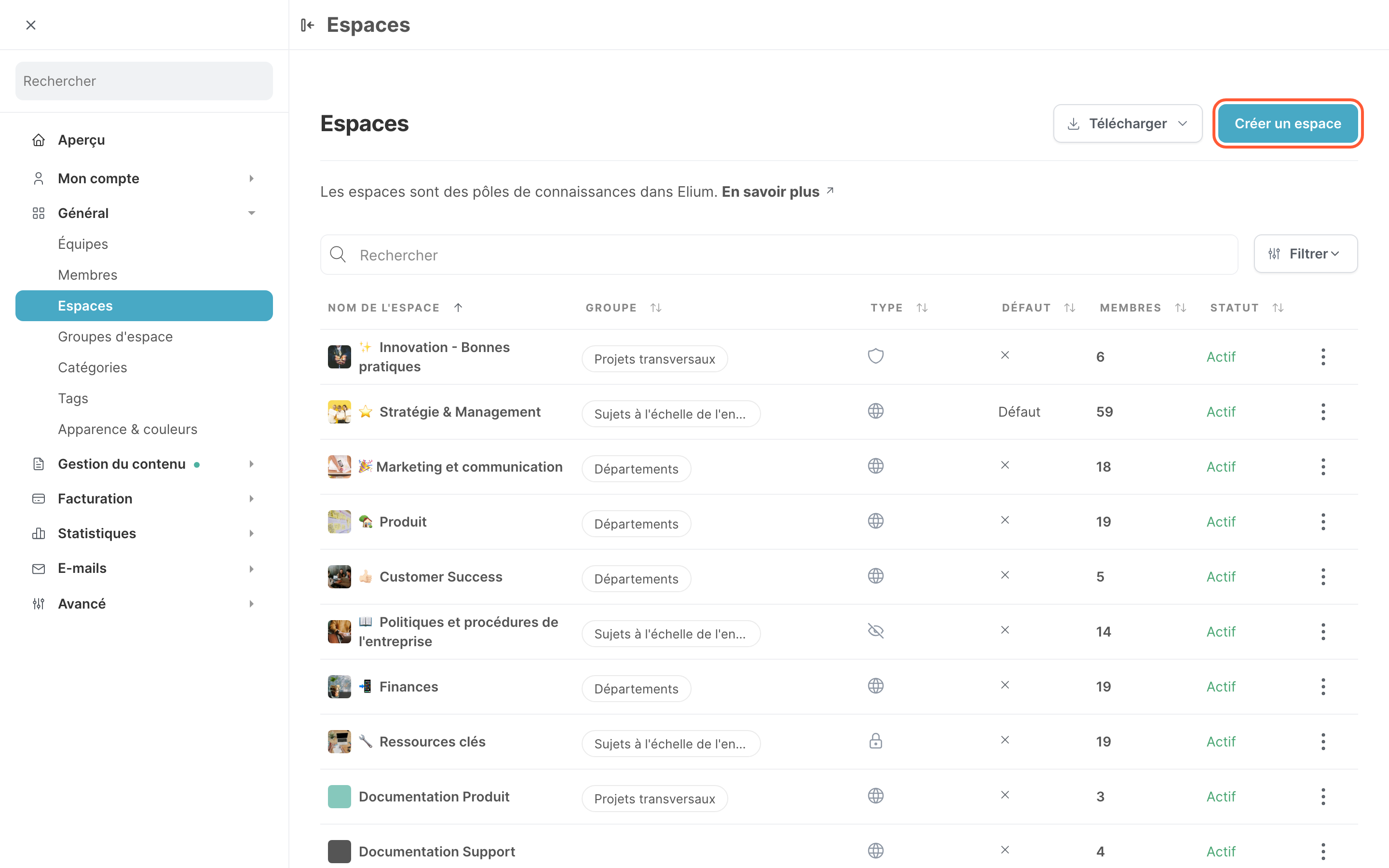 La page Espaces dans les paramètres, avec le bouton Créer un espace