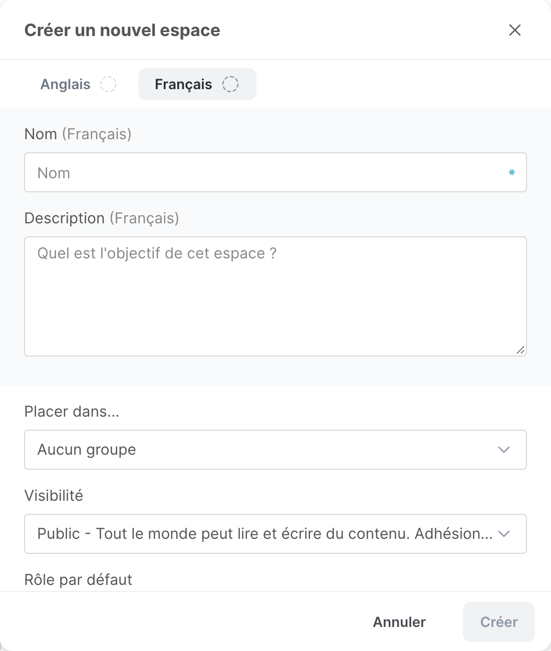 La fenêtre Créer un nouvel espace, avec les champs du nom, de la description, du groupe et de la visibilité