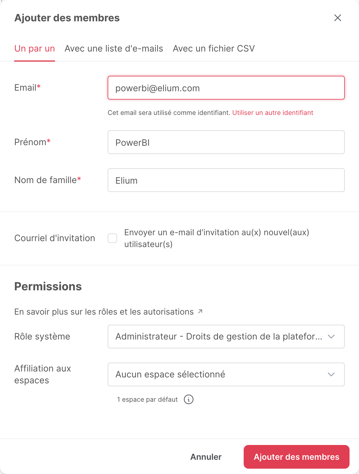 La fenêtre Ajouter des membres, remplie pour un compte dédié à PowerBI avec le rôle Administrateur