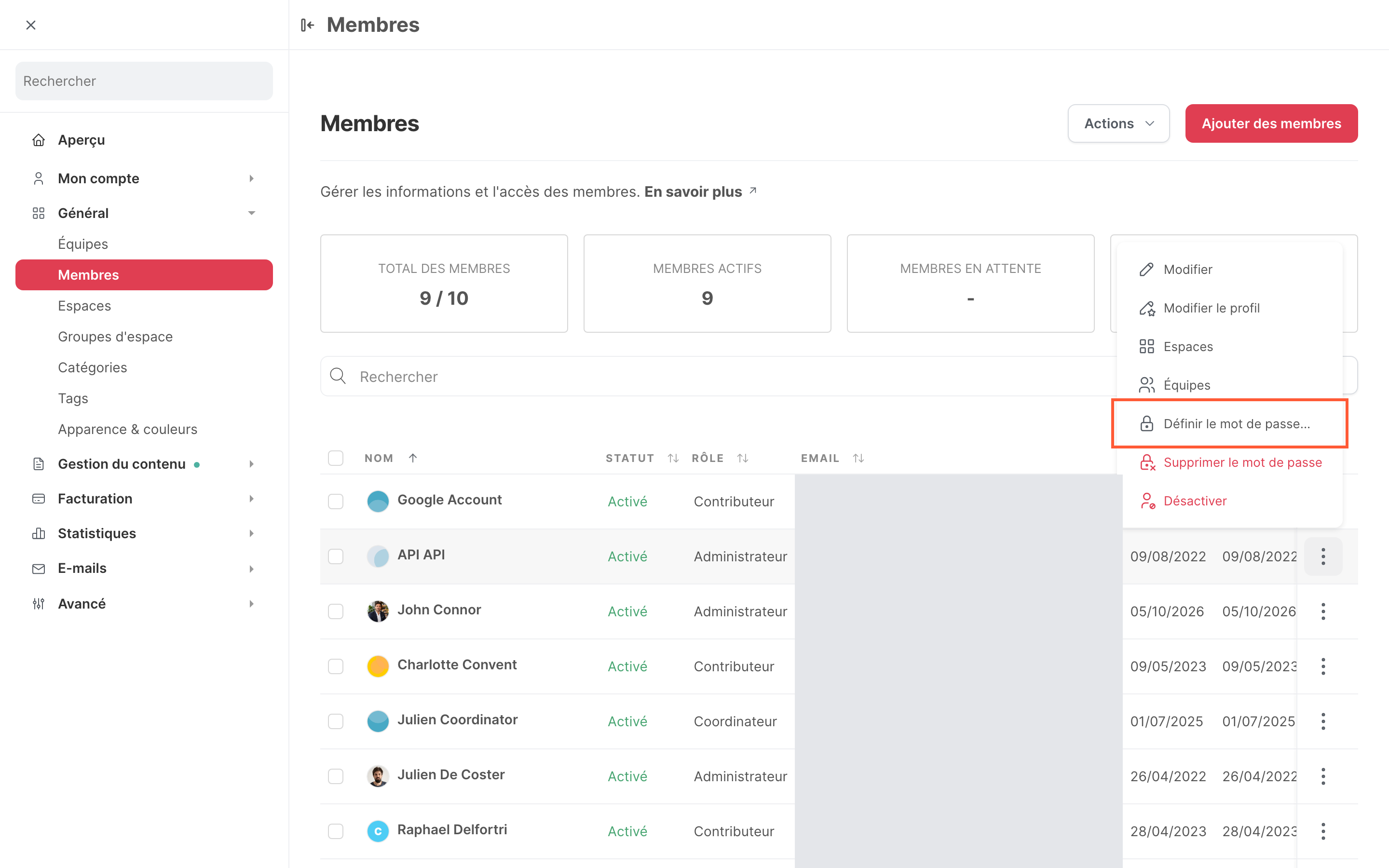 Le menu d’un membre dans la page Membres, avec l’option pour définir le mot de passe