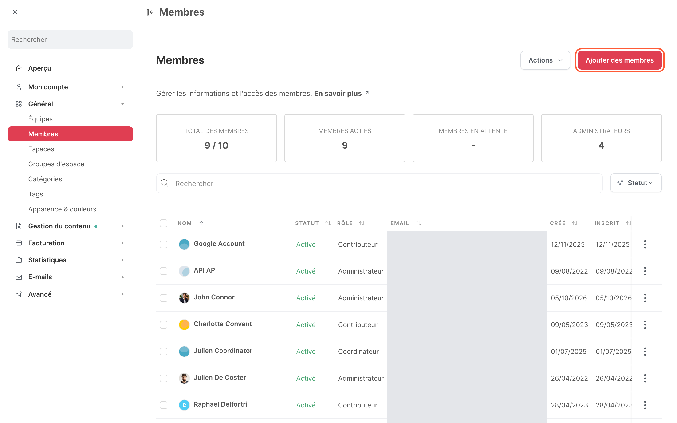 La page Membres dans les paramètres, avec le bouton Ajouter des membres