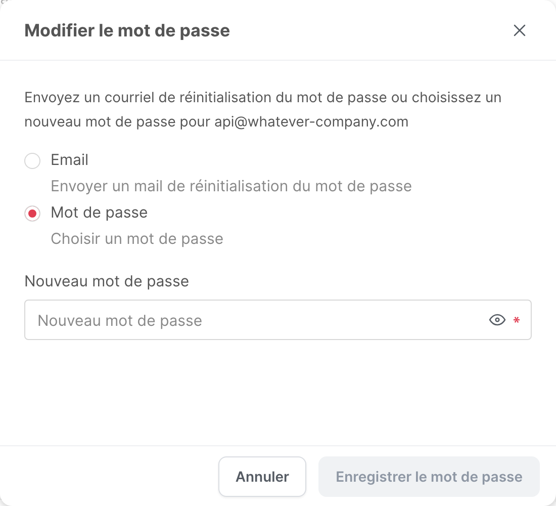 La fenêtre de modification du mot de passe, avec l’option pour choisir le mot de passe vous-même