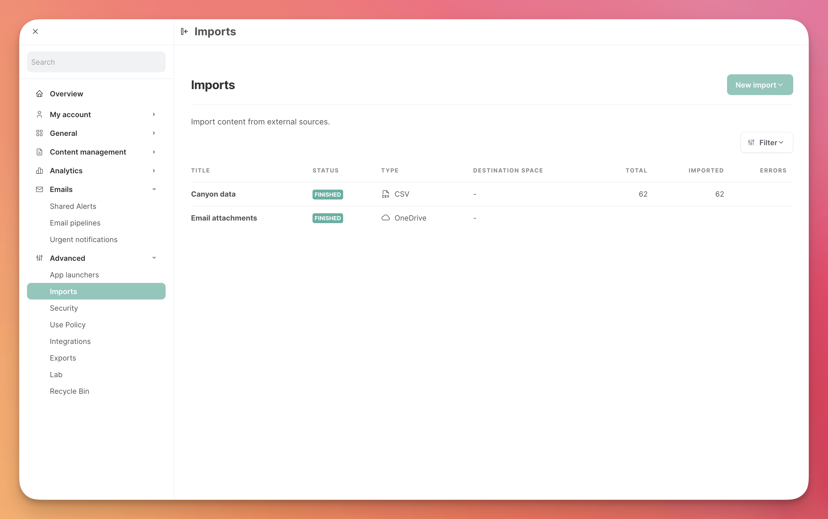 La page Imports du panneau d’administration : un tableau des imports avec leur statut, leur type, leur espace de destination et leurs compteurs