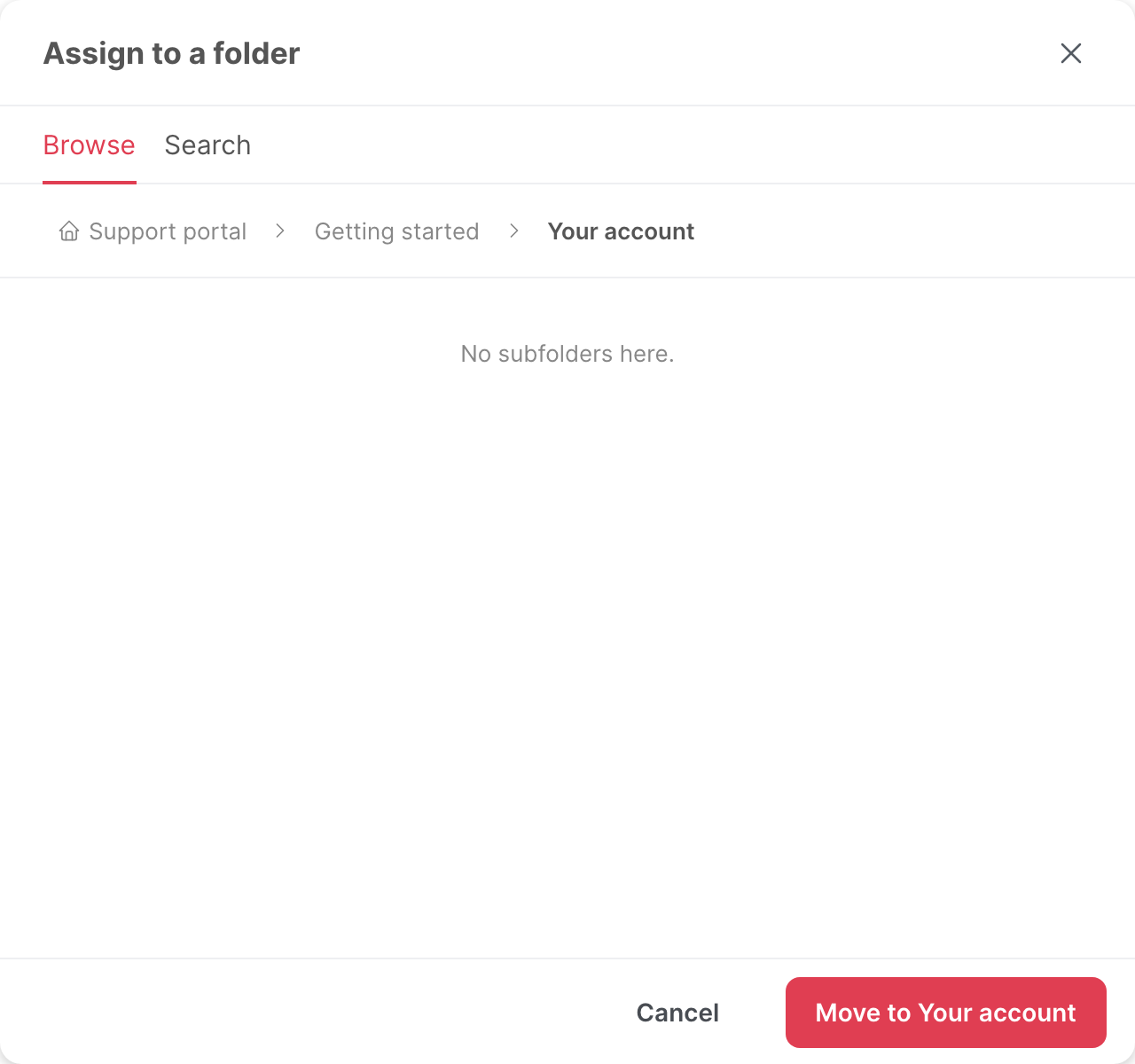 The Assign to a folder window, with the Your account folder selected