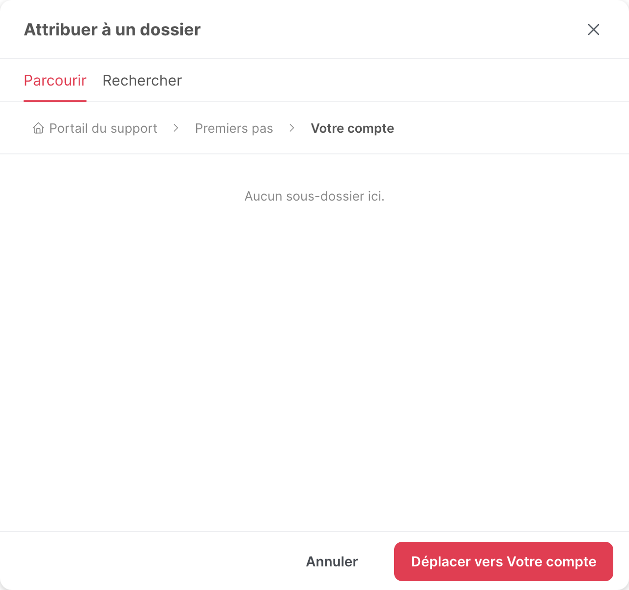 La fenêtre Attribuer à un dossier, avec le dossier Votre compte sélectionné