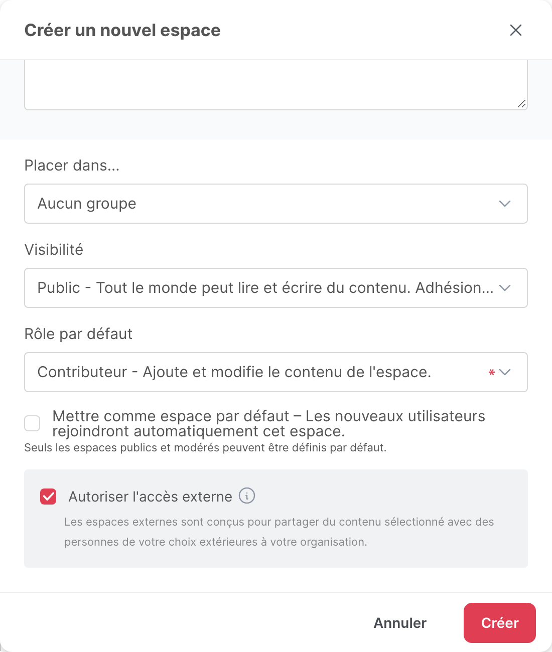 La fenêtre Créer un nouvel espace, avec Autoriser l’accès externe coché