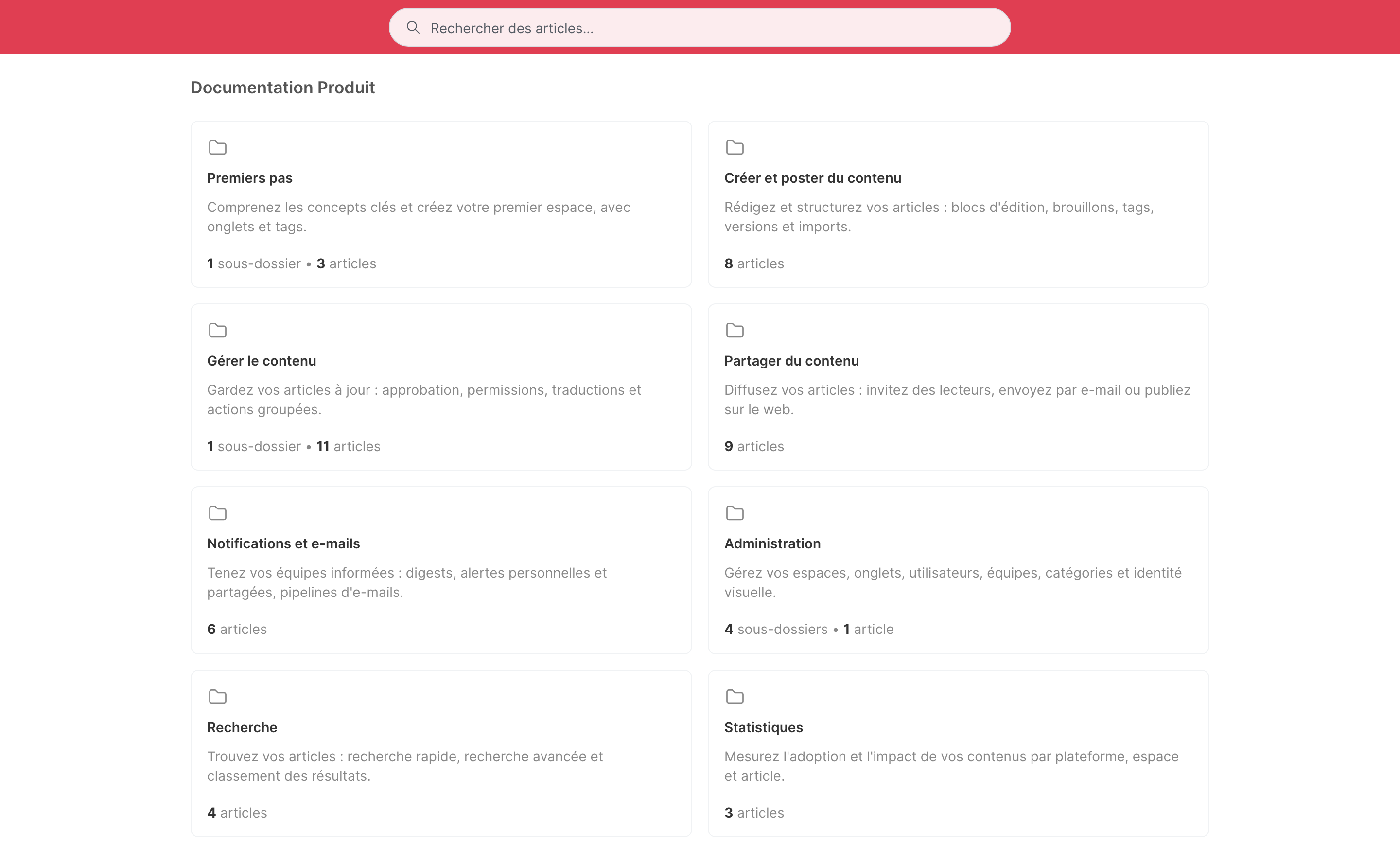 La page d’accueil d’un portail public, avec le champ de recherche, le nom de l’espace et ses sections