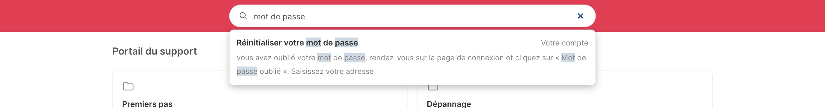 Une recherche dans le portail public, avec les termes trouvés surlignés dans le résultat