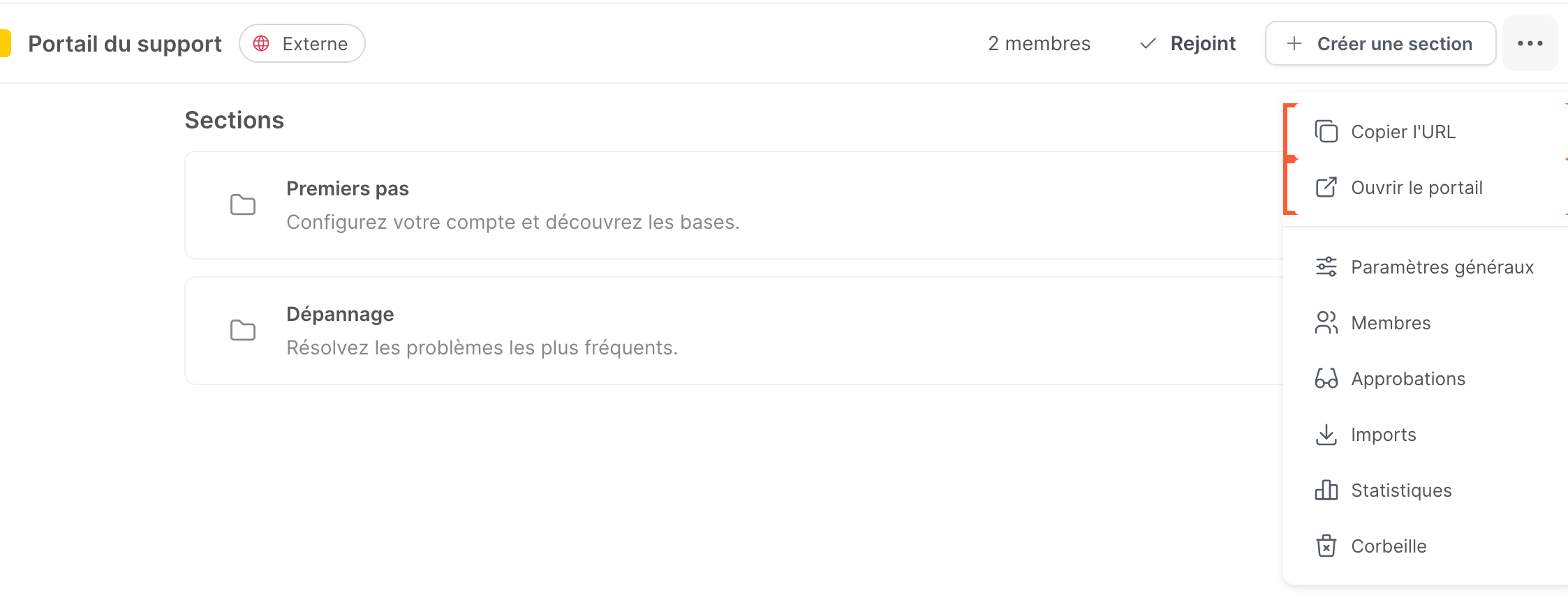 Le menu d’un espace externe, avec Copier l’URL et Ouvrir le portail
